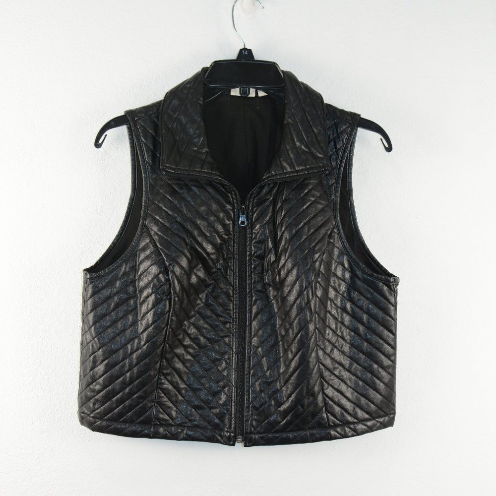 Zenergy Chico's Vest Women sz 1 Medium Black Faux Leather Lined Quilted Full Zip